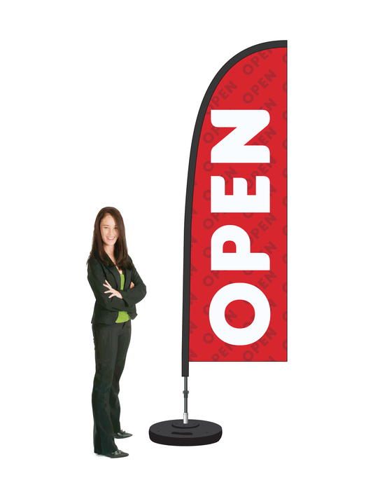 Open Flag and Display. Single-sided. Commercial Grade. || 2.6m High. Made from recycled materials.